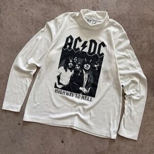 Y2K AC/DC Highway to Hell Graphic Mock Neck‎ Long Sleeve Tee White Size L